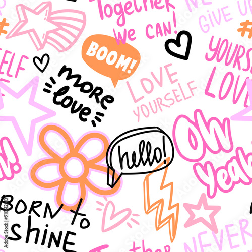 Fashion abstract seamless pattern with graffiti words, slogan and cute signs on white background. Wallpaper on hand draw style for teen girl