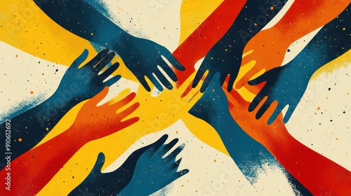 A group of people's hands are touching each other in a circle