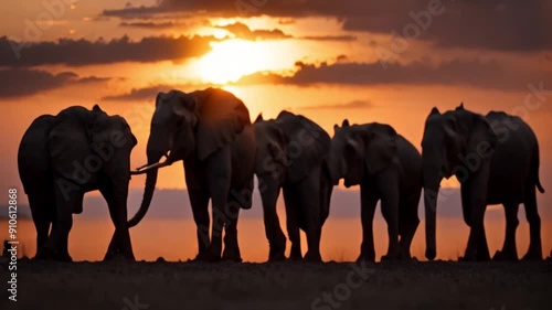 A pan shot of a herd of elephant eating in the silhouetted sunset 