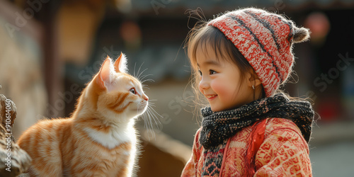 Tender Moment Between a Cute Three-Year-Old Girl and a Cat, Capturing Innocence, Friendship, and Joy in a Heartwarming Scene