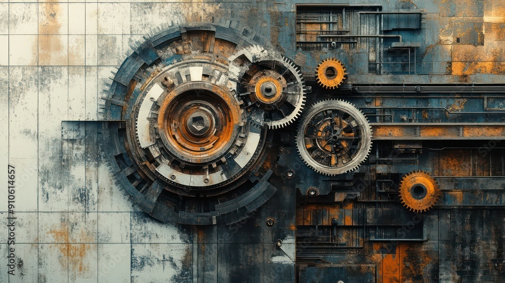 A large, abstract painting of gears and cogs A large, abstract painting of gears and cogs