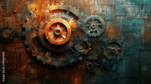 A painting of gears with a rusty, industrial look