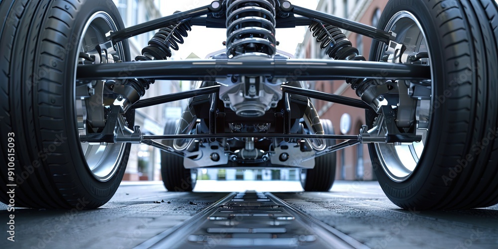 Fototapeta premium The suspension of the front wheels of a car, non-independent suspension, can be seen directly from the inside of the wheel arch
