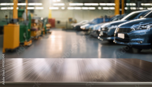 Wallpaper Mural Empty wood table top with car service centre auto repair workshop blurred background Torontodigital.ca