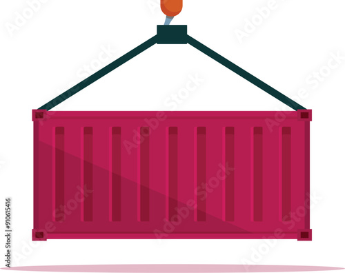 Red metal cargo container being lifted by a crane hook, freight transportation by shipping