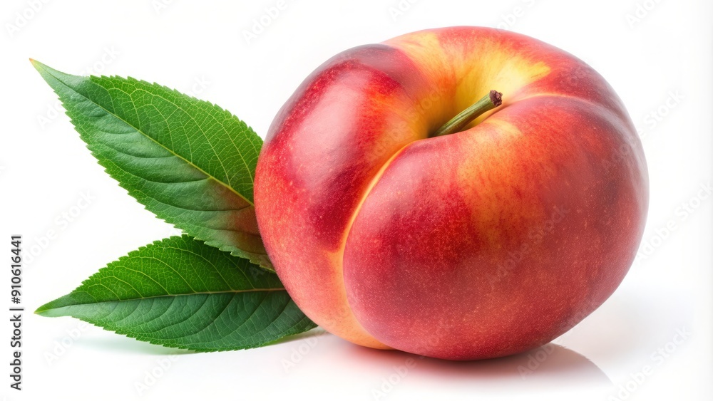 Ripe pink peach with green leaf isolated on a pure white background, showcasing succulent texture and vibrant colors, ideal for food or still-life compositions. Ripe pink peach with green leaf isolated on a pure white background, showcasing succulent texture and vibrant colors, ideal for food or still-life compositions.