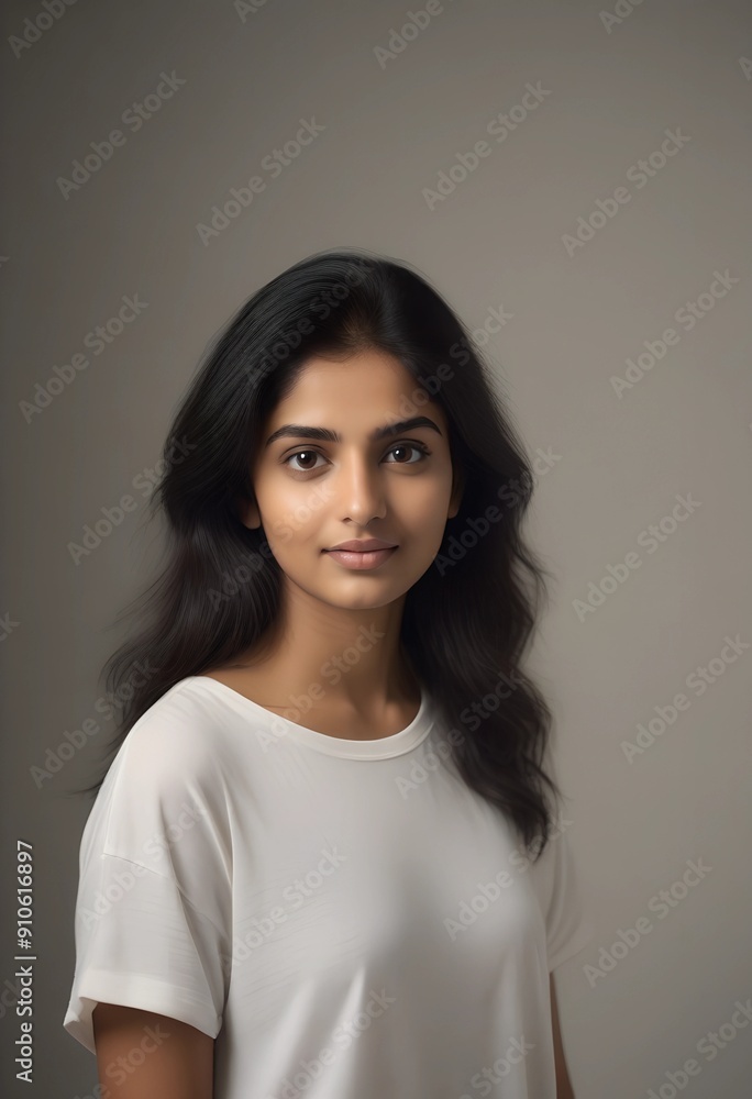 Beautiful Indian Female Model Wearing White TShirt on Plain Background Beautiful Indian Female Model Wearing White TShirt on Plain Background
