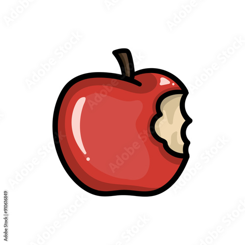 An illustration of a red apple with a single bite on a white background