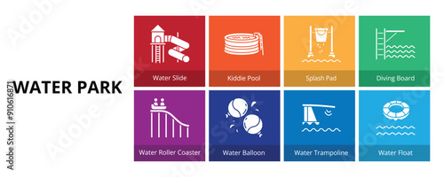 Water Park Glyph Solid Banner Web Icon Set Vector Illustration, Water Slide Kiddie Pool Splash Pad Diving Board Water Roller Coater Balloon Trampoline Float photo