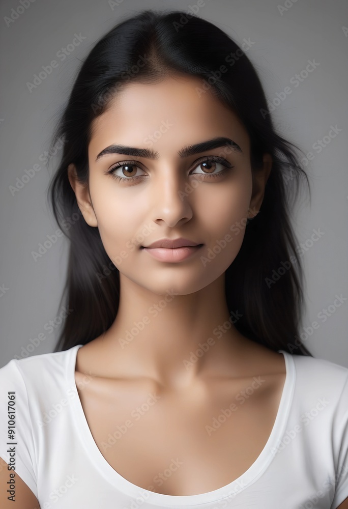 Beautiful Indian Female Model Wearing White TShirt on Plain Background Beautiful Indian Female Model Wearing White TShirt on Plain Background