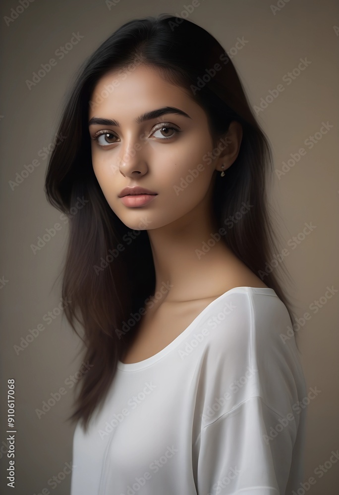 Naklejka premium Beautiful Indian Female Model Wearing White TShirt on Plain Background