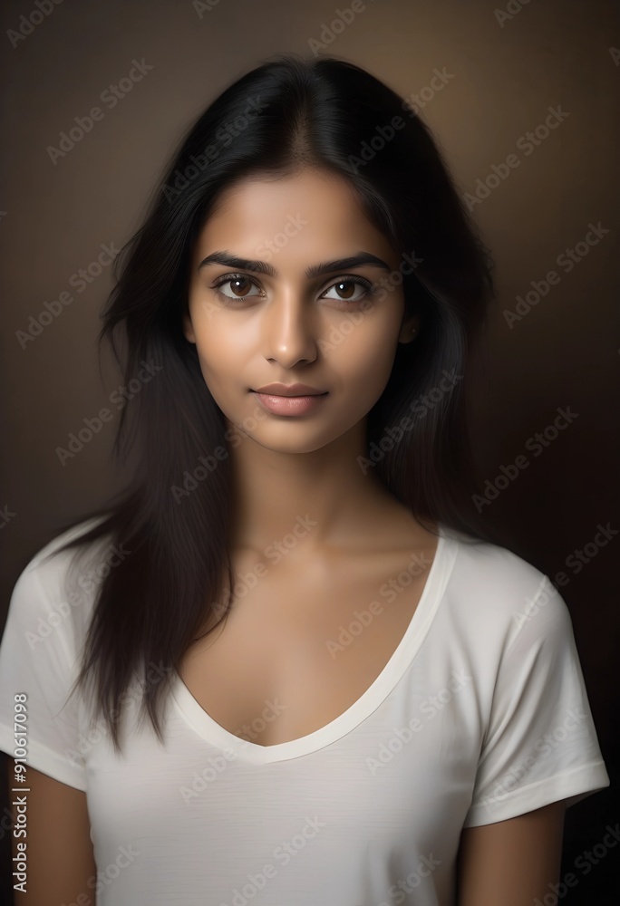Beautiful Indian Female Model Wearing White TShirt on Plain Background Beautiful Indian Female Model Wearing White TShirt on Plain Background