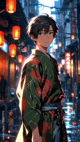 anime boy in kimono character illustration cartoon design