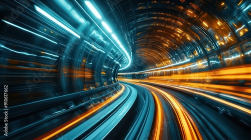 A tunnel with a blue and orange light