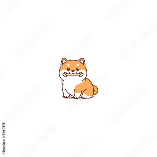 Cute shiba inu dog holding toy in mouth and sitting cartoon, vector illustration