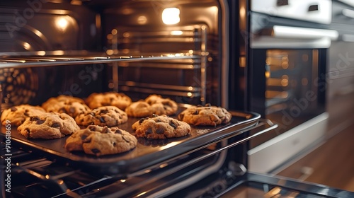 Modern oven with glass door and tray of cookies.
