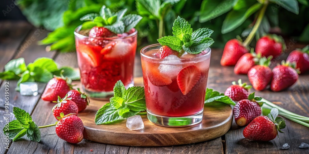 Vibrant and refreshing summer drink featuring a blend of ripe strawberries and green mustard, garnished with fresh greens and served over ice. Vibrant and refreshing summer drink featuring a blend of ripe strawberries and green mustard, garnished with fresh greens and served over ice.