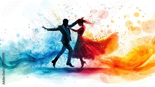 A man and woman are dancing in a colorful background