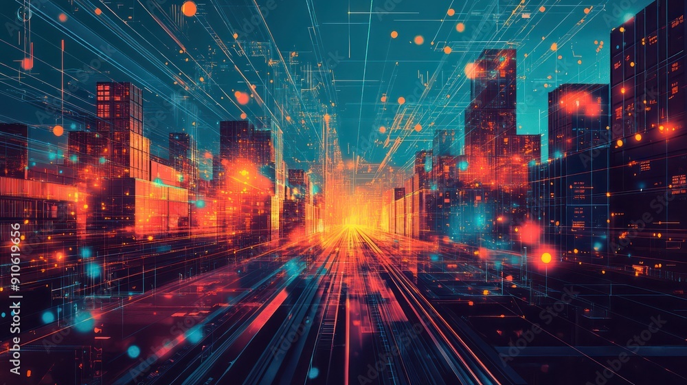 A cityscape with a train running through it A cityscape with a train running through it
