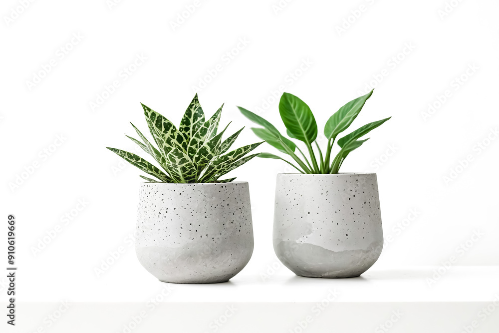 Two potted plants in concrete pots on white background Two potted plants in concrete pots on white background