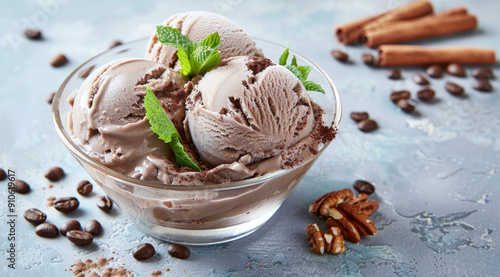 Craft an enchanting and mouthwateringly delicious photo of coffee ice cream in glass bowl, placed on the table with cacao beans and cinnamon sticks scattered around it. photo