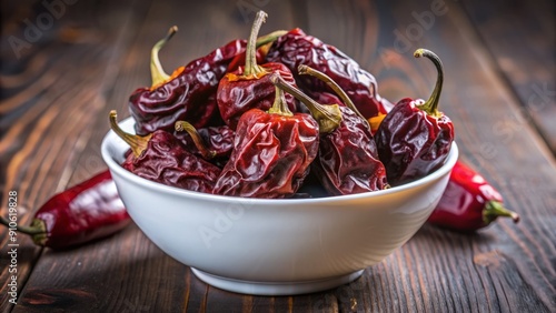 Vibrant, dark red chipotle Morita pepper, smoked to perfection, fills a sleek white bowl, showcasing its rich, smoky flavor and spicy aroma in isolation. photo