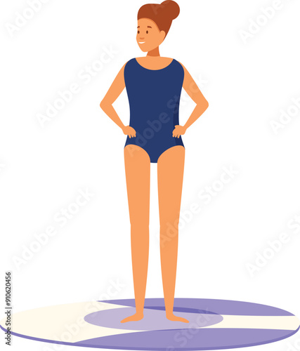 Young woman standing on fitness mat wearing swimsuit getting ready for water aerobics