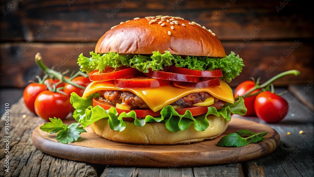 Vibrant juicy burger piled high with crispy bacon, melted cheddar, fresh lettuce, ripe tomatoes, and creamy avocado on a toasted brioche bun. Vibrant juicy burger piled high with crispy bacon, melted cheddar, fresh lettuce, ripe tomatoes, and creamy avocado on a toasted brioche bun.