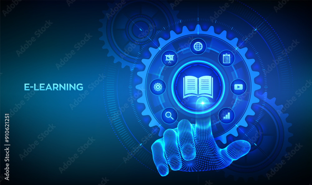 E-learning. Innovative online education concept. Webinar, teaching, online training courses. Skill development. Wireframe hand touching digital interface with connected gears cogs and icons. Vector. E-learning. Innovative online education concept. Webinar, teaching, online training courses. Skill development. Wireframe hand touching digital interface with connected gears cogs and icons. Vector.