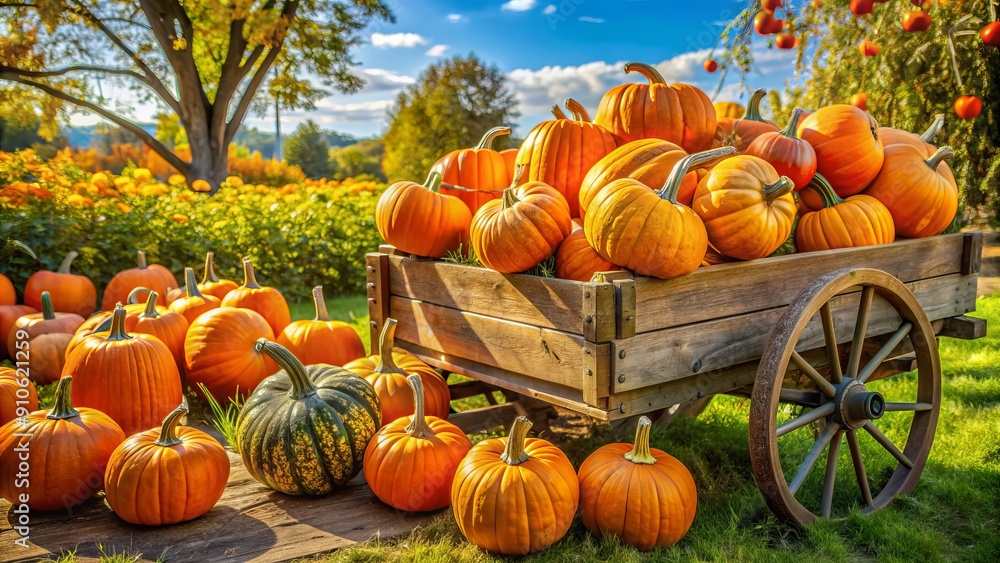Vibrant orange pumpkins of varying sizes, some with vines still attached, spill out of a rustic wooden wagon on a sunny early fall day. Vibrant orange pumpkins of varying sizes, some with vines still attached, spill out of a rustic wooden wagon on a sunny early fall day.