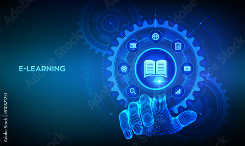 E-learning. Innovative online education concept. Webinar, teaching, online training courses. Skill development. Wireframe hand touching digital interface with connected gears cogs and icons. Vector.