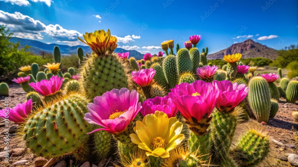 Vibrant pink and yellow cactus flowers bloom in the arid Utah desert ...