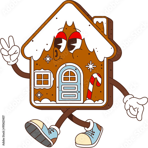 Retro groovy Christmas house gingerbread cookie character. Vector playful holiday pastry personage with smiling face, glaze and candy cane decorations, funky wearing sneakers and showing peace gesture