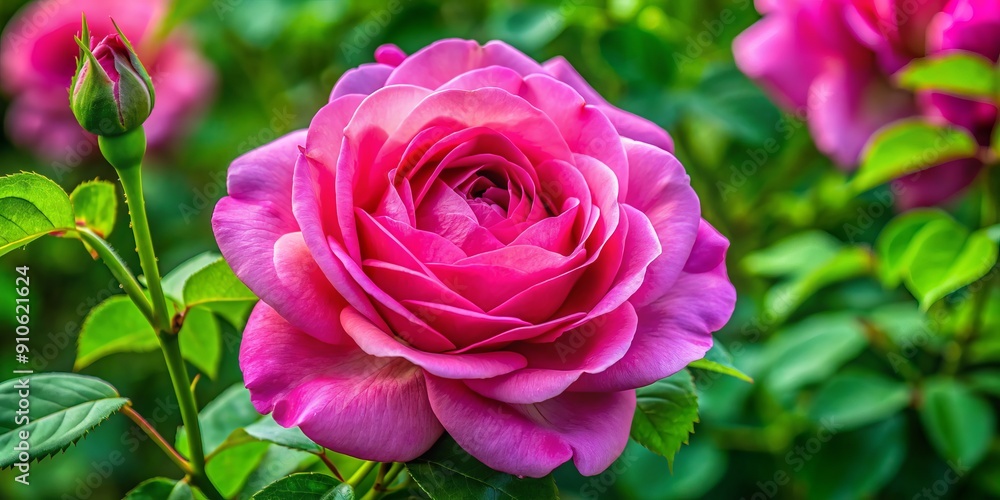 Vibrant pink rose bloom showcases delicate, velvety petals and golden anthers, surrounded by lush green foliage, a stunning symbol of love and beauty in nature. Vibrant pink rose bloom showcases delicate, velvety petals and golden anthers, surrounded by lush green foliage, a stunning symbol of love and beauty in nature.