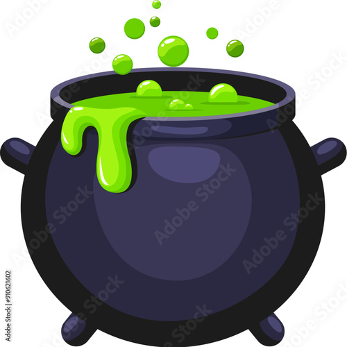 Cartoon Halloween witch cauldron emoji, magic pot with green potion. Vector steel boiler with boiling magic brew or steaming goo. Isolated evil item for wizard, sorceress or mage, kettle with poison