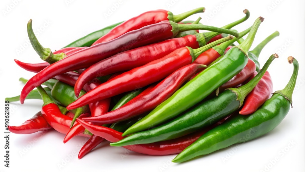 Vibrant red and green cayenne peppers in a group, typically used in Indonesian cuisine, isolated on a clean white background, showcasing their spicy charm. Vibrant red and green cayenne peppers in a group, typically used in Indonesian cuisine, isolated on a clean white background, showcasing their spicy charm.