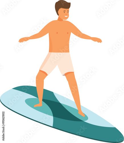 Young man is balancing on a surfboard, enjoying the thrill of surfing