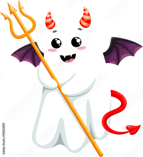 Cartoon kawaii Halloween ghost character dons devil horns, wings and pitchfork for a whimsical party look. Adorable, cute, playful vector spook in funny charming costume celebrates party night