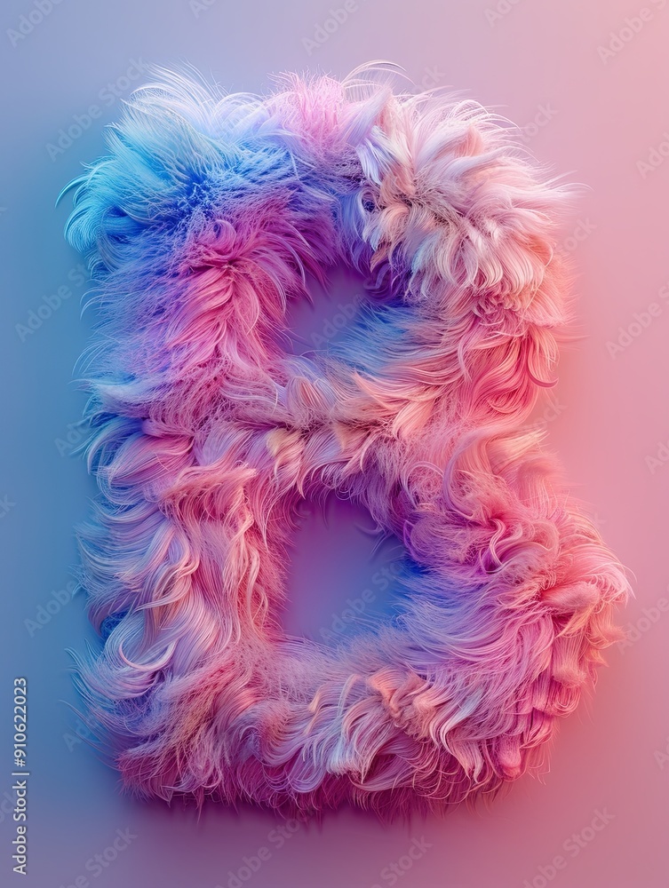 Fluffy letter B made of colorful pastel fur against a blue and pink gradient background, creating a soft and whimsical visual effect. Fluffy letter B made of colorful pastel fur against a blue and pink gradient background, creating a soft and whimsical visual effect.