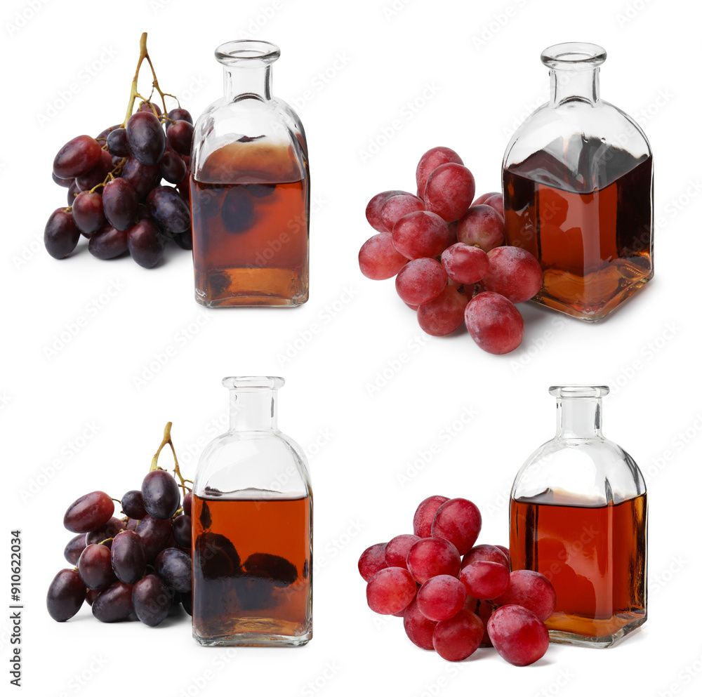 Wine vinegar and fresh grapes isolated on white, collage Wine vinegar and fresh grapes isolated on white, collage