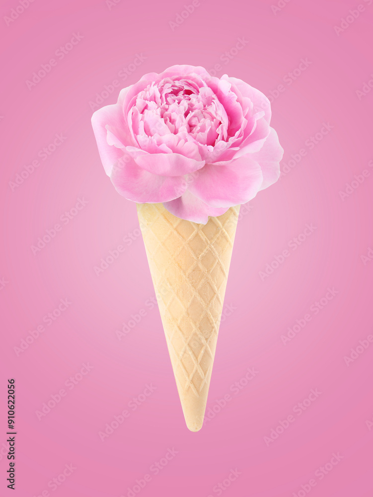 Ice cream cone with peony flower on pink background Ice cream cone with peony flower on pink background