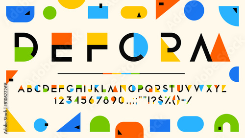 Color geometry font, modern art type letters and numbers with rainbow color geometric shapes and figures, vector typography. English abc characters abstract font in frame of colorful geometry pattern