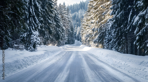 Snow-covered road in pine forest, serene winter wonderland scene