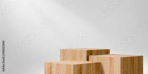 Wooden square cube podium stages of wood block platforms, vector mockup on white background. Product display podiums of three realistic wooden cubes for exhibition display or showcase stand pedestal