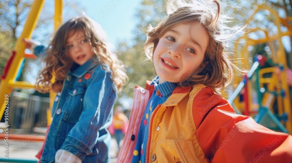 Children playing on colorful playground equipment with hair blowing in the wind Children playing on colorful playground equipment with hair blowing in the wind