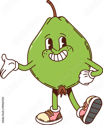 Cartoon groovy guava fruit character wearing sneakers and gesturing with a friendly smile. Isolated vector cheerful, green tropical fruit personage with a wide toothy smile, promotes healthy eating