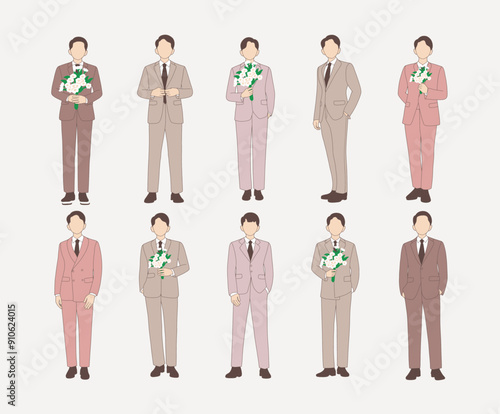 Illustration of Groomsmen in Stylish Suits with Bouquets