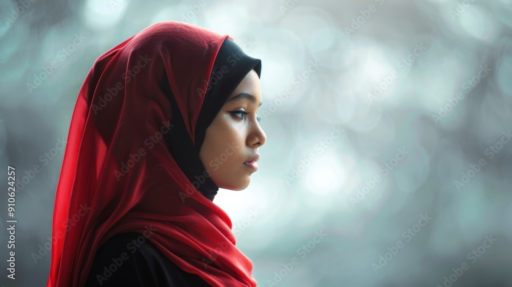 Islamic female model wearing red hijab on blank background Islamic female model wearing red hijab on blank background