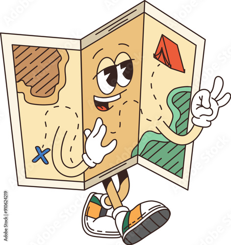 Cartoon map retro groovy travel character camp and tourism equipment personage. Isolated vector funny anthropomorphic map with smiling face wearing sneakers, exudes sense of adventure and exploration