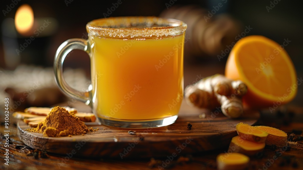 A front view of tea with turmeric and honey in brown background A front view of tea with turmeric and honey in brown background